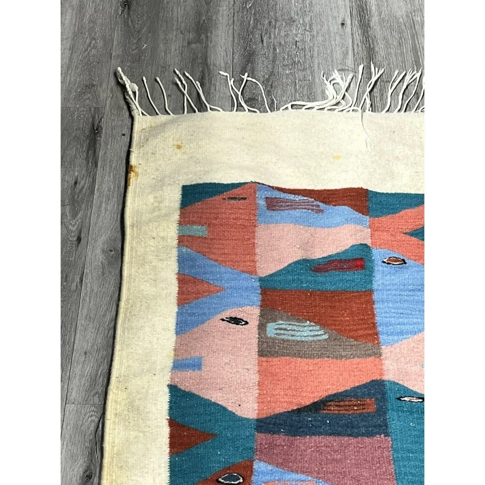 Vintage Zapotec Oaxacan Fringed Mexican Wool Rug Fish Stories Rug 58 X 23.5